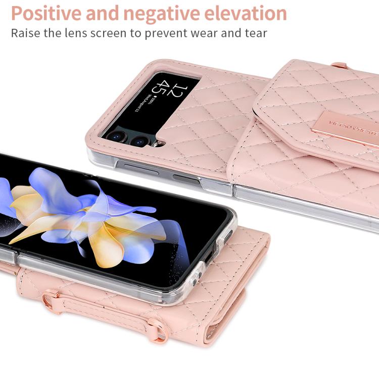 For Samsung Galaxy Z Flip3 5G VIETAO Rhombic Texture Wallet PU Phone Case with Long Lanyard