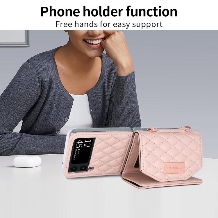 For Samsung Galaxy Z Flip3 5G VIETAO Rhombic Texture Wallet PU Phone Case with Long Lanyard