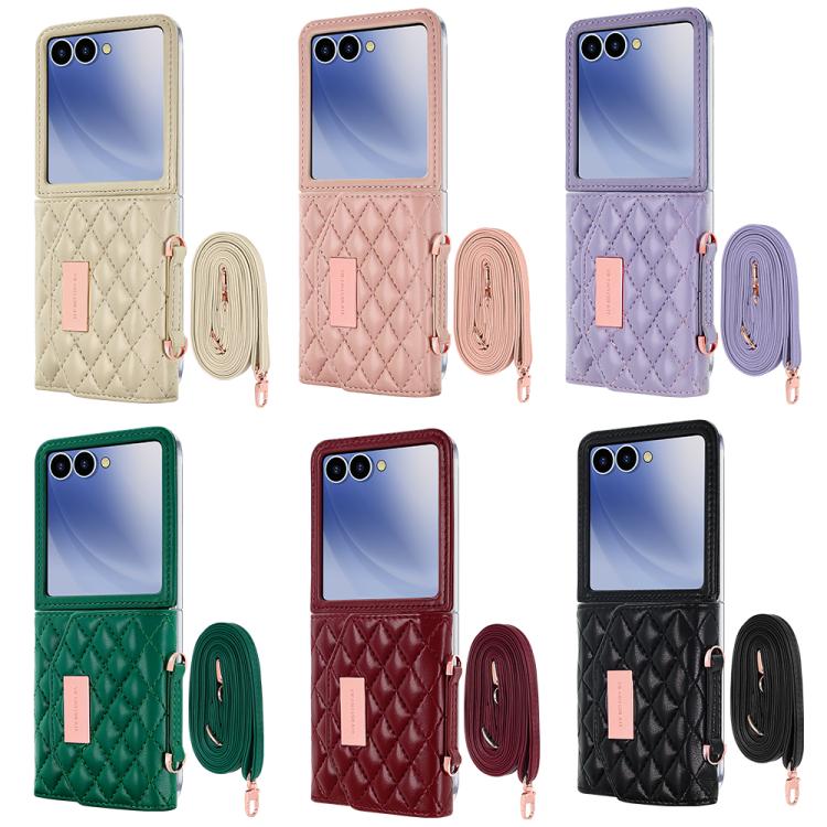 For Samsung Galaxy Z Flip7 5G VIETAO Rhombic Texture Wallet PU Phone Case with Long Lanyard
