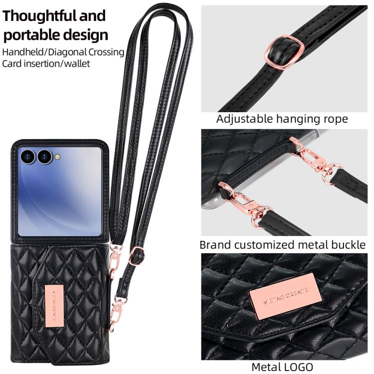 For Samsung Galaxy Z Flip7 5G VIETAO Rhombic Texture Wallet PU Phone Case with Long Lanyard