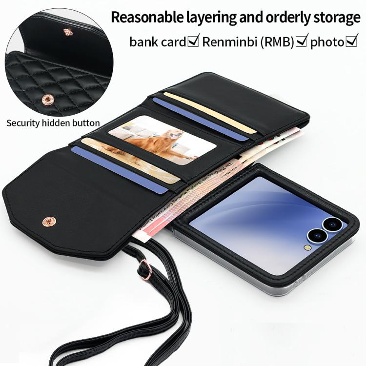 For Samsung Galaxy Z Flip7 5G VIETAO Rhombic Texture Wallet PU Phone Case with Long Lanyard