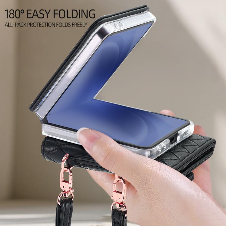 For Samsung Galaxy Z Flip7 5G VIETAO Rhombic Texture Wallet PU Phone Case with Long Lanyard