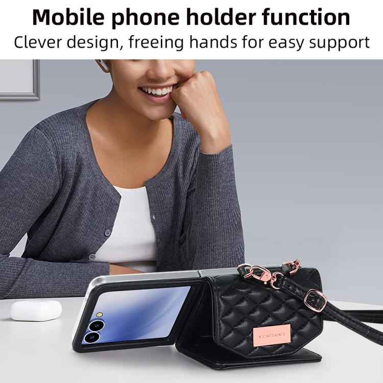 For Samsung Galaxy Z Flip7 5G VIETAO Rhombic Texture Wallet PU Phone Case with Long Lanyard