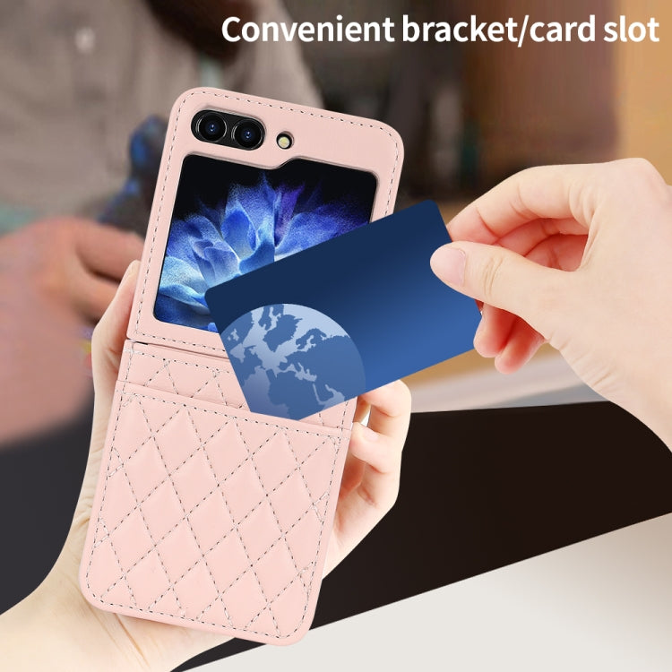 For Samsung Galaxy Z Flip5 VIETAO Rhombic Texture PU Card Slot Phone Case with Lanyard