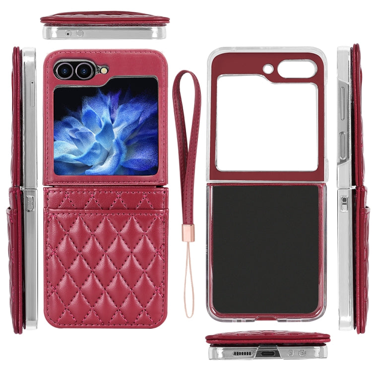 For Samsung Galaxy Z Flip5 VIETAO Rhombic Texture PU Card Slot Phone Case with Lanyard