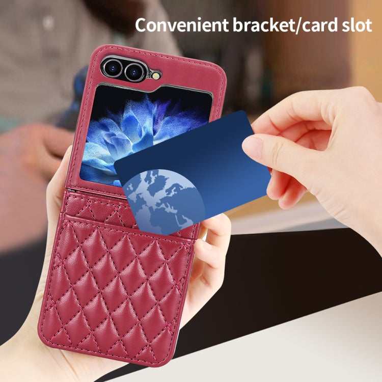 For Samsung Galaxy Z Flip5 VIETAO Rhombic Texture PU Card Slot Phone Case with Lanyard