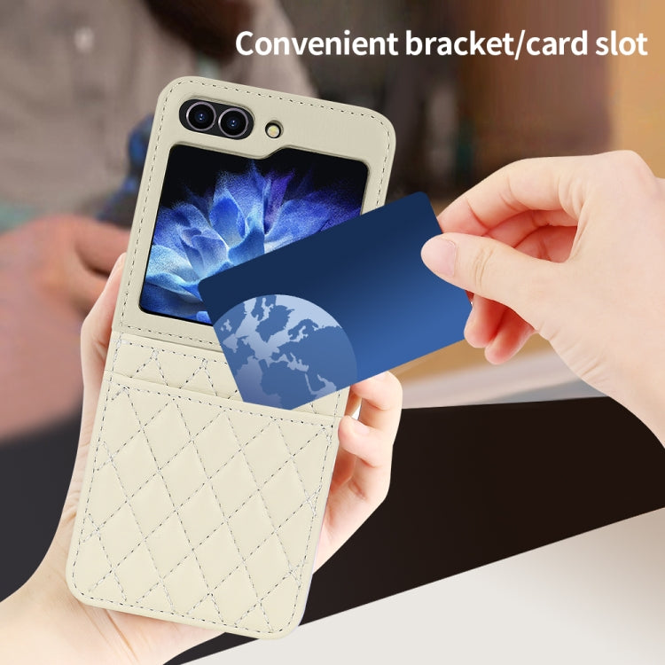 For Samsung Galaxy Z Flip5 VIETAO Rhombic Texture PU Card Slot Phone Case with Lanyard