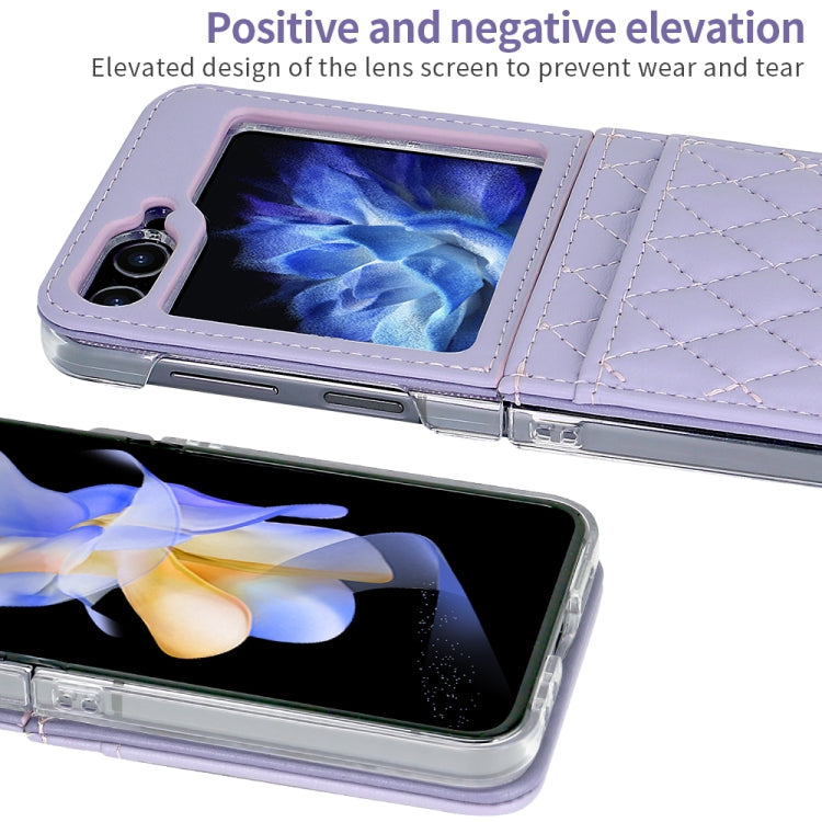 For Samsung Galaxy Z Flip5 VIETAO Rhombic Texture PU Card Slot Phone Case with Lanyard