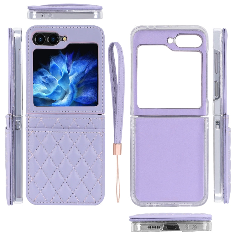 For Samsung Galaxy Z Flip5 VIETAO Rhombic Texture PU Card Slot Phone Case with Lanyard