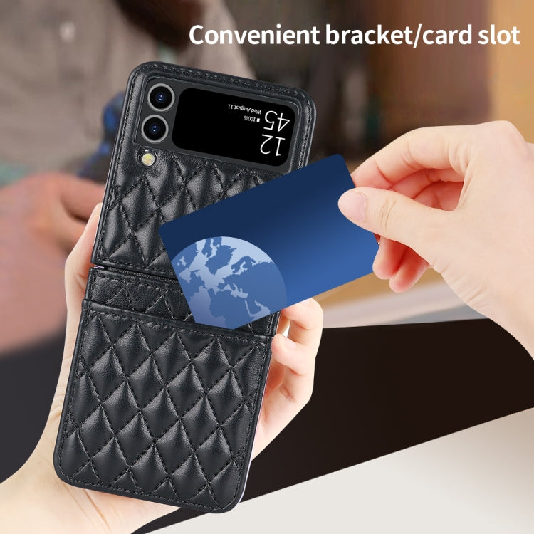 For Samsung Galaxy Z Flip4 VIETAO Rhombic Texture PU Card Slot Phone Case with Lanyard
