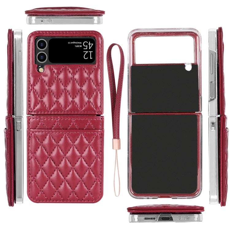 For Samsung Galaxy Z Flip4 VIETAO Rhombic Texture PU Card Slot Phone Case with Lanyard