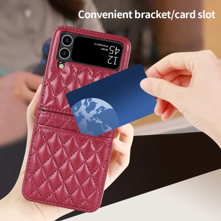 For Samsung Galaxy Z Flip4 VIETAO Rhombic Texture PU Card Slot Phone Case with Lanyard