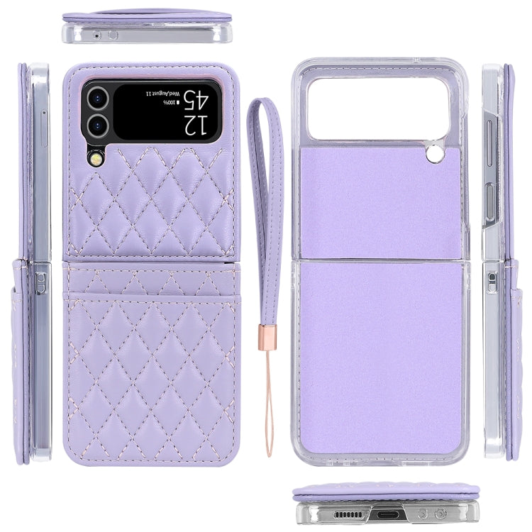 For Samsung Galaxy Z Flip4 VIETAO Rhombic Texture PU Card Slot Phone Case with Lanyard