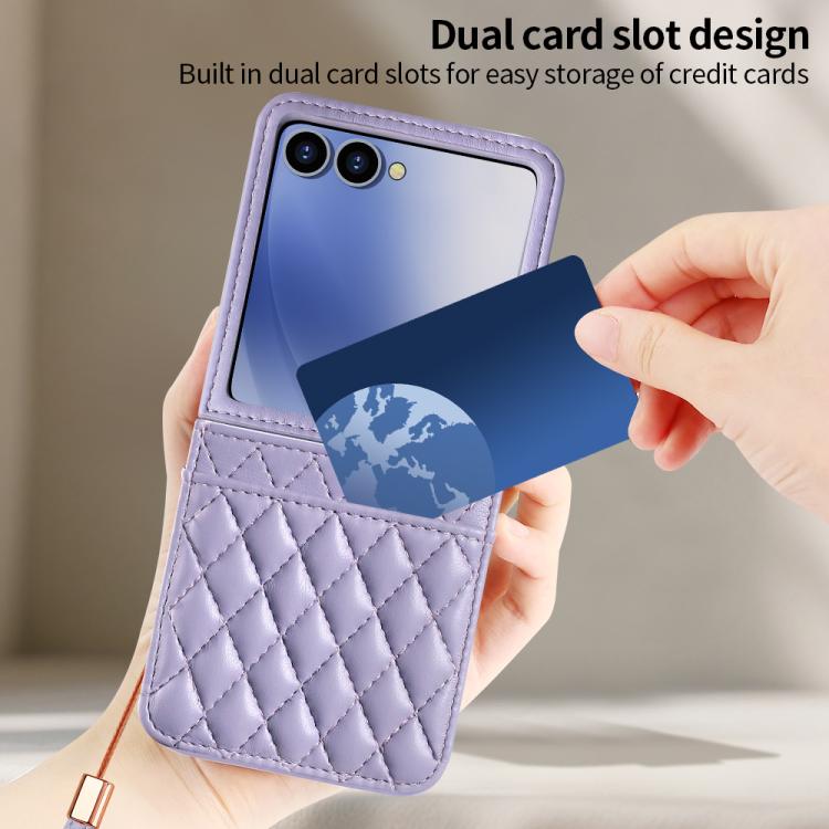 For Samsung Galaxy Z Flip7 5G VIETAO Rhombic Texture PU Card Slot Phone Case with Lanyard