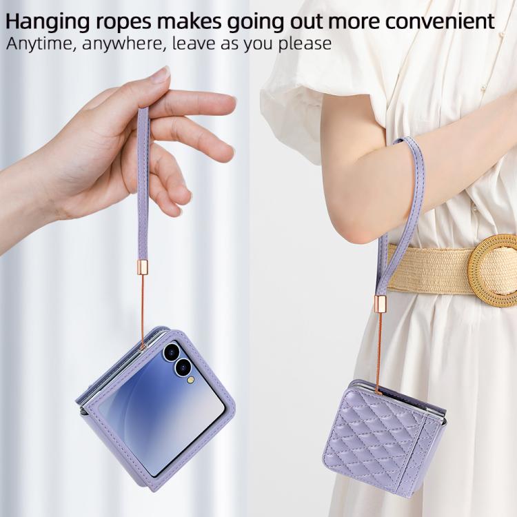For Samsung Galaxy Z Flip7 5G VIETAO Rhombic Texture PU Card Slot Phone Case with Lanyard