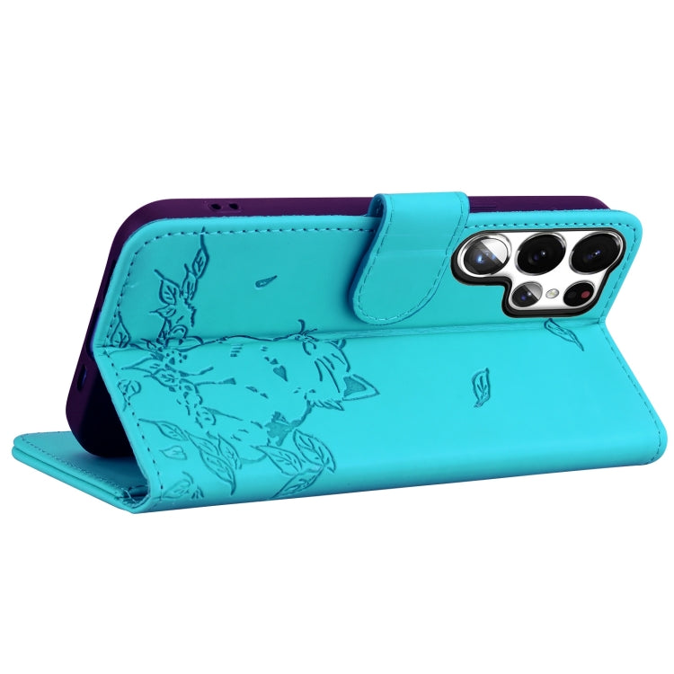 For Samsung Galaxy S23 Ultra 5G Cute Cat Embossed Leather Phone Case