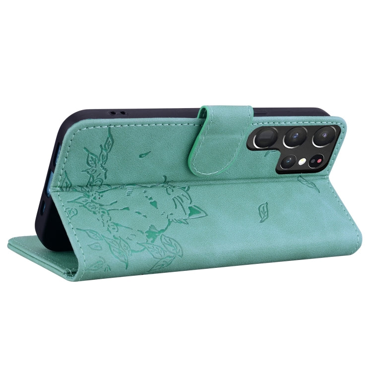 For Samsung Galaxy S22 Ultra 5G Cute Cat Embossed Leather Phone Case