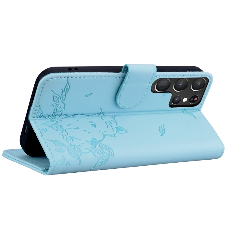 For Samsung Galaxy S22 Ultra 5G Cute Cat Embossed Leather Phone Case