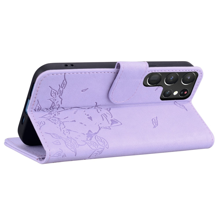 For Samsung Galaxy S22 Ultra 5G Cute Cat Embossed Leather Phone Case
