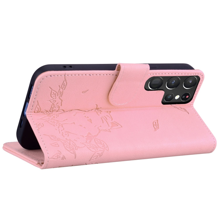 For Samsung Galaxy S22 Ultra 5G Cute Cat Embossed Leather Phone Case