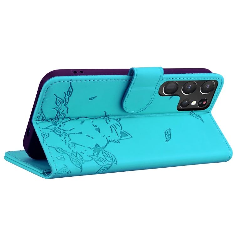 For Samsung Galaxy S22 Ultra 5G Cute Cat Embossed Leather Phone Case