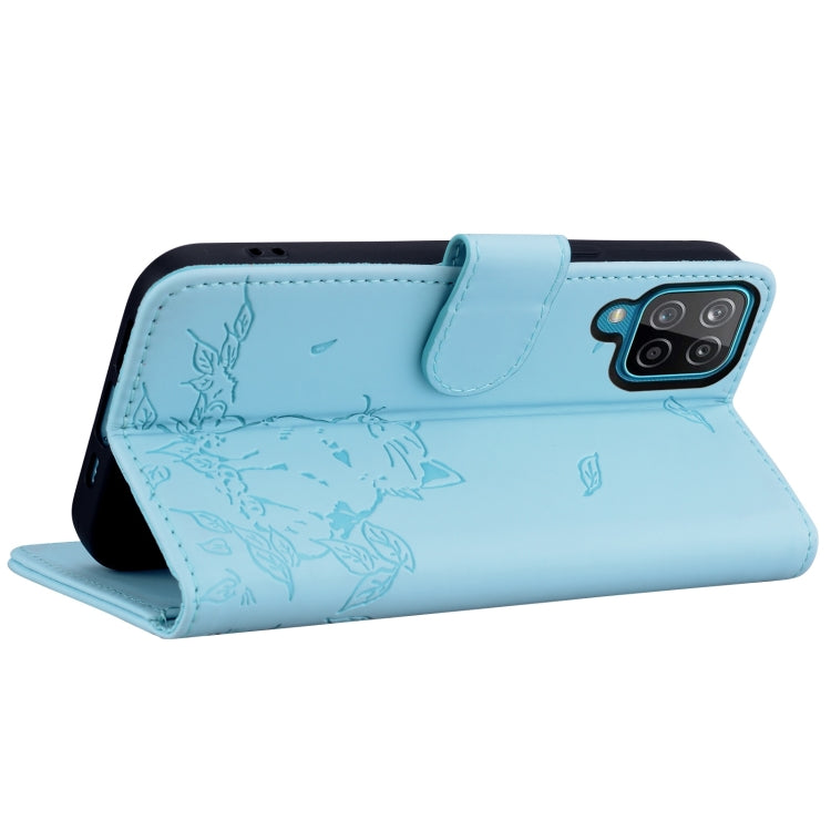 For Samsung Galaxy A12 Cute Cat Embossed Leather Phone Case