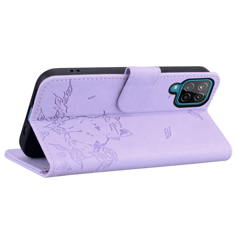 For Samsung Galaxy A12 Cute Cat Embossed Leather Phone Case
