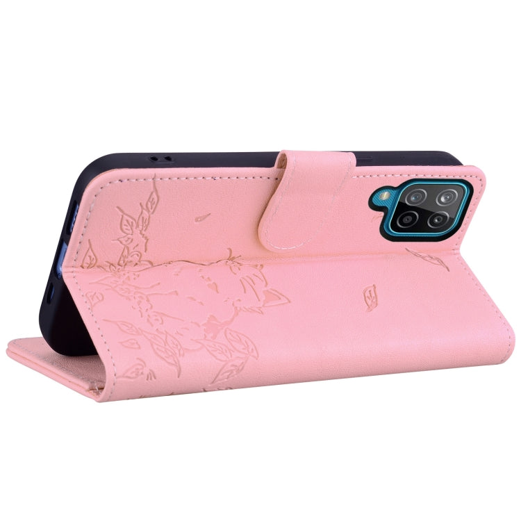 For Samsung Galaxy A12 Cute Cat Embossed Leather Phone Case