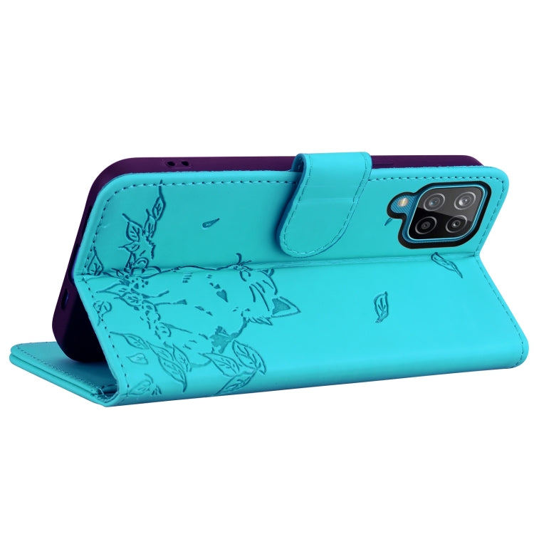 For Samsung Galaxy A12 Cute Cat Embossed Leather Phone Case