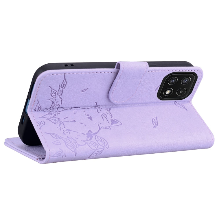 For Samsung Galaxy A22 5G Cute Cat Embossed Leather Phone Case