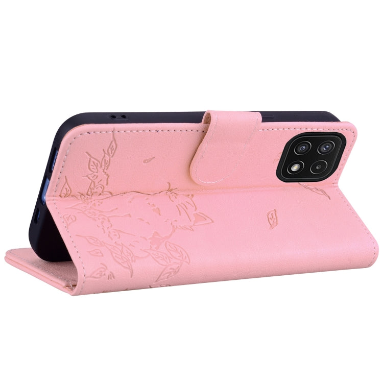 For Samsung Galaxy A22 5G Cute Cat Embossed Leather Phone Case