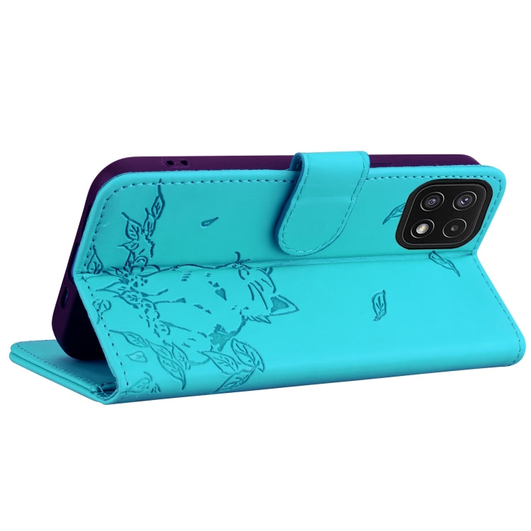 For Samsung Galaxy A22 5G Cute Cat Embossed Leather Phone Case