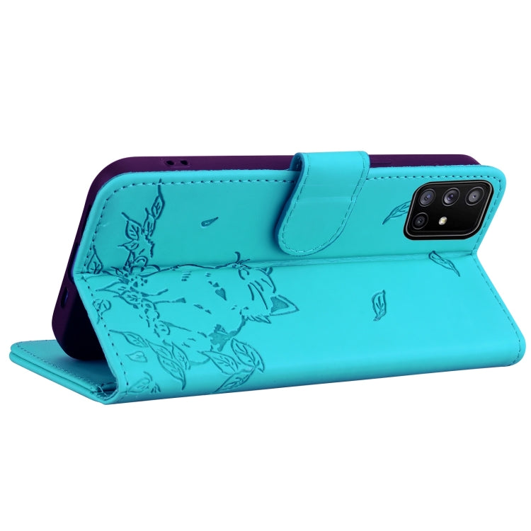 For Samsung Galaxy A51 4G Cute Cat Embossed Leather Phone Case