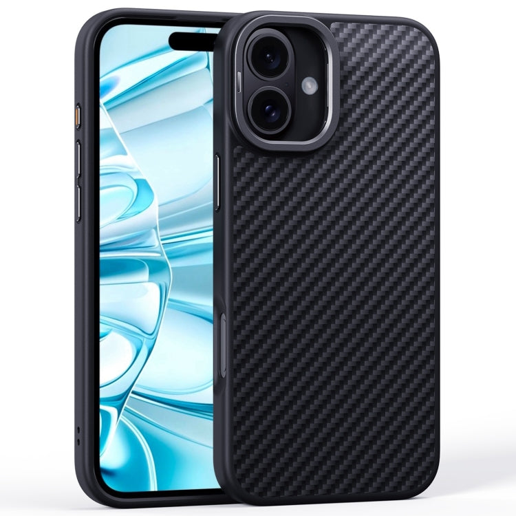 For iPhone 16 Plus Carbon Fiber Kevlar Lens Holder MagSafe Magnetic Phone Case - Black
