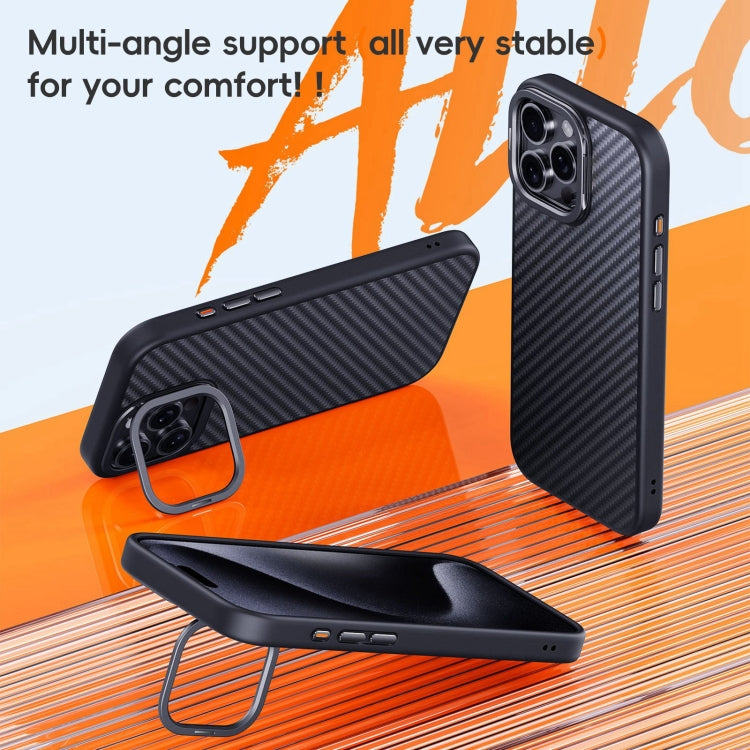 For iPhone 16 Plus Carbon Fiber Kevlar Lens Holder MagSafe Magnetic Phone Case - Black