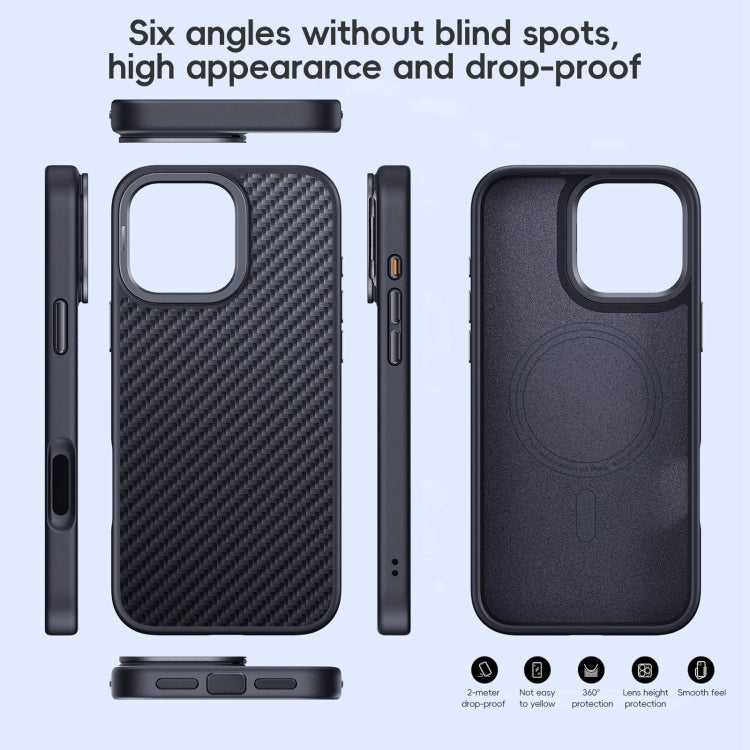 For iPhone 16 Plus Carbon Fiber Kevlar Lens Holder MagSafe Magnetic Phone Case - Black