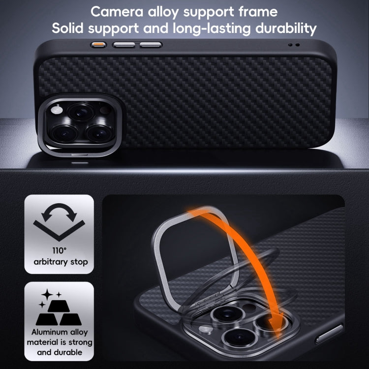 For iPhone 16 Plus Carbon Fiber Kevlar Lens Holder MagSafe Magnetic Phone Case - Black