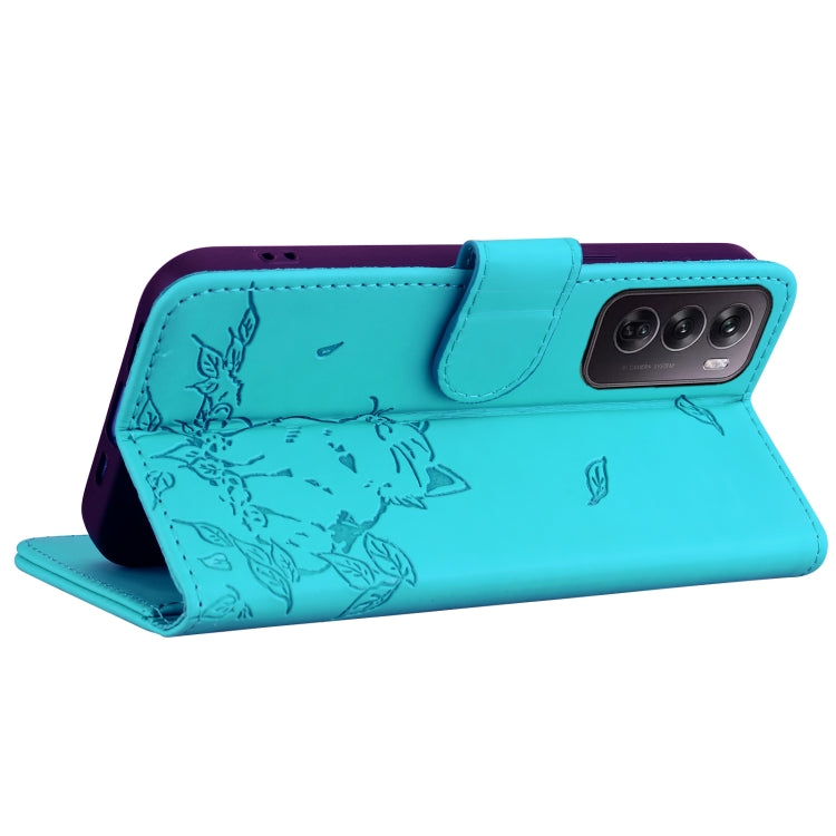 For OPPO Reno12 5G Global Cute Cat Embossed Leather Phone Case
