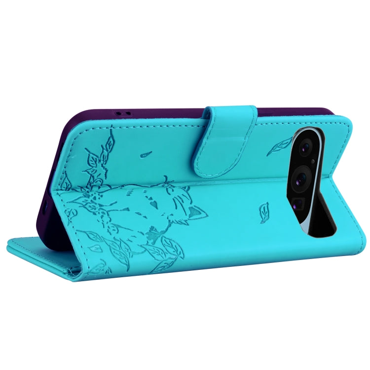For Google Pixel 9 / 9 Pro Cute Cat Embossed Leather Phone Case