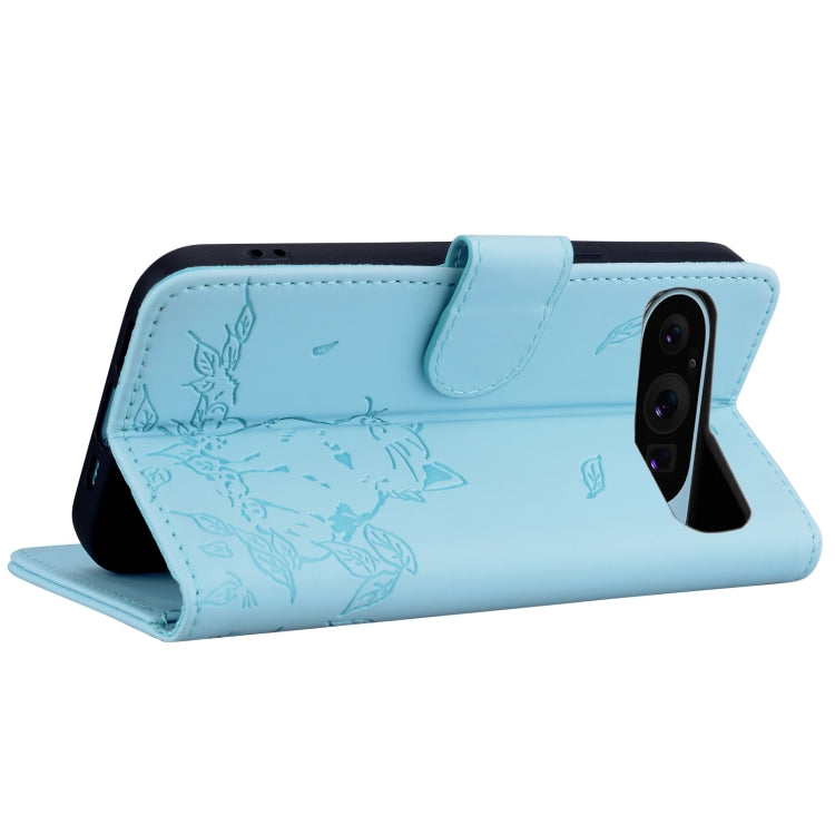 For Google Pixel 9 Pro XL Cute Cat Embossed Leather Phone Case
