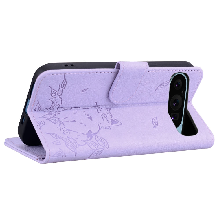 For Google Pixel 9 Pro XL Cute Cat Embossed Leather Phone Case