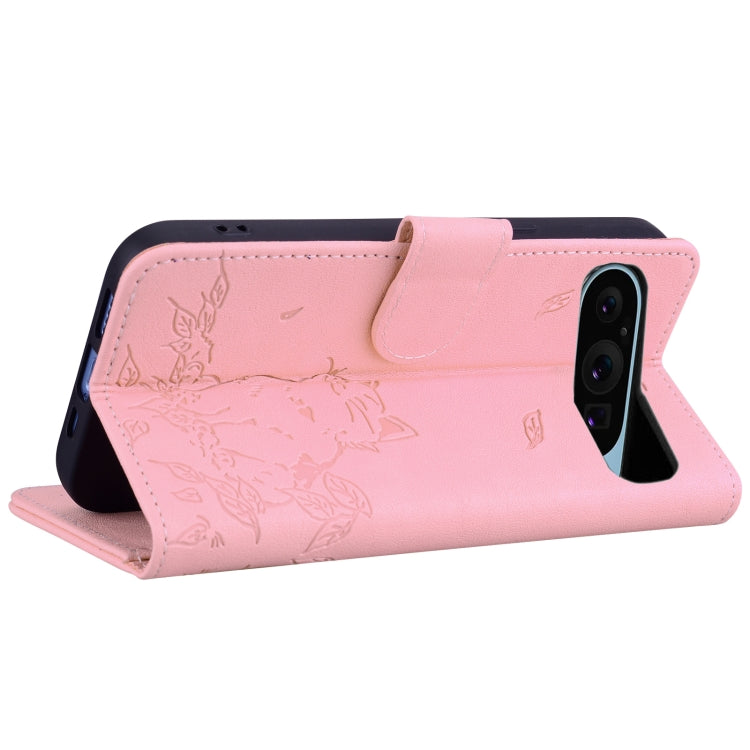 For Google Pixel 9 Pro XL Cute Cat Embossed Leather Phone Case