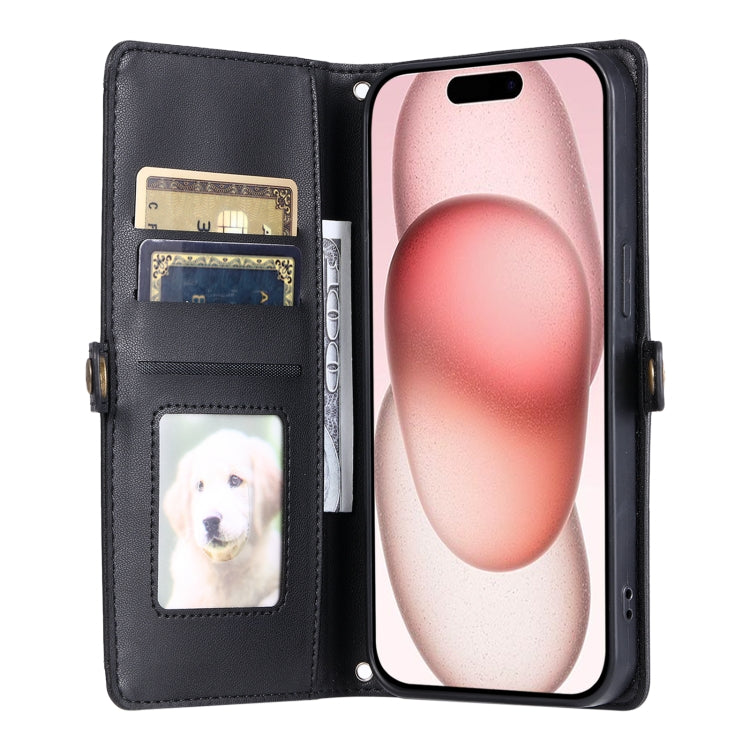 For iPhone 16 Pro Wallet Multi-card Slot Leather Phone Case with Lanyard