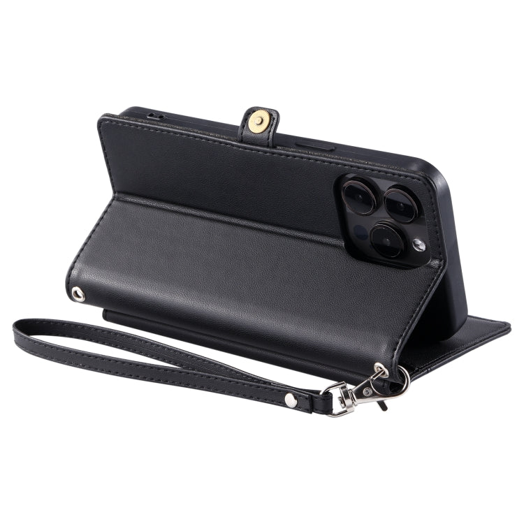 For iPhone 16 Pro Wallet Multi-card Slot Leather Phone Case with Lanyard