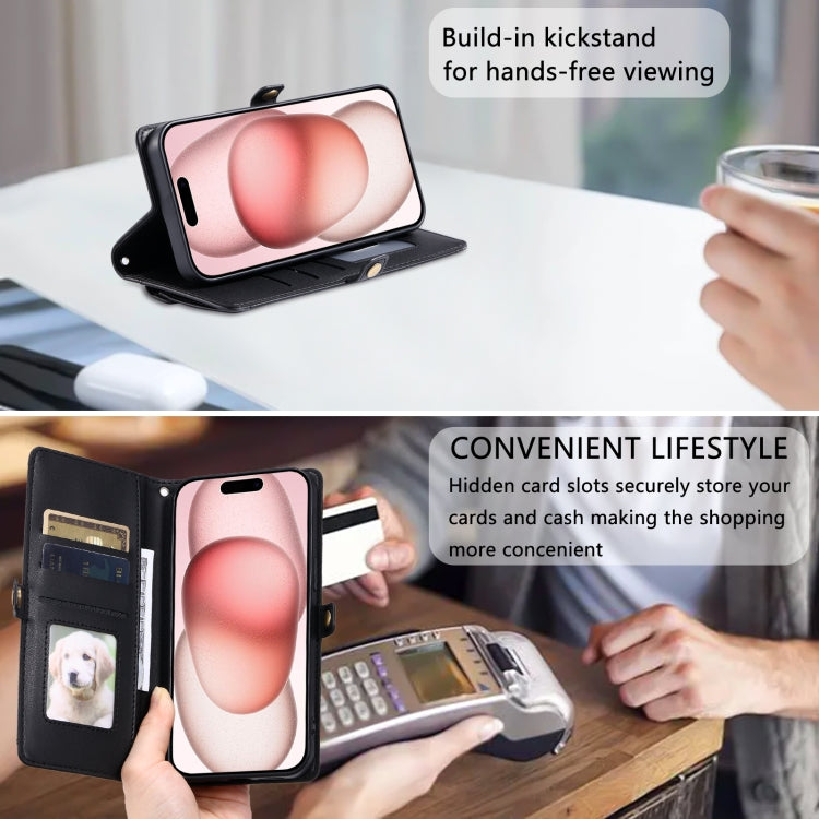 For iPhone 15 Pro Wallet Multi-card Slot Leather Phone Case with Lanyard