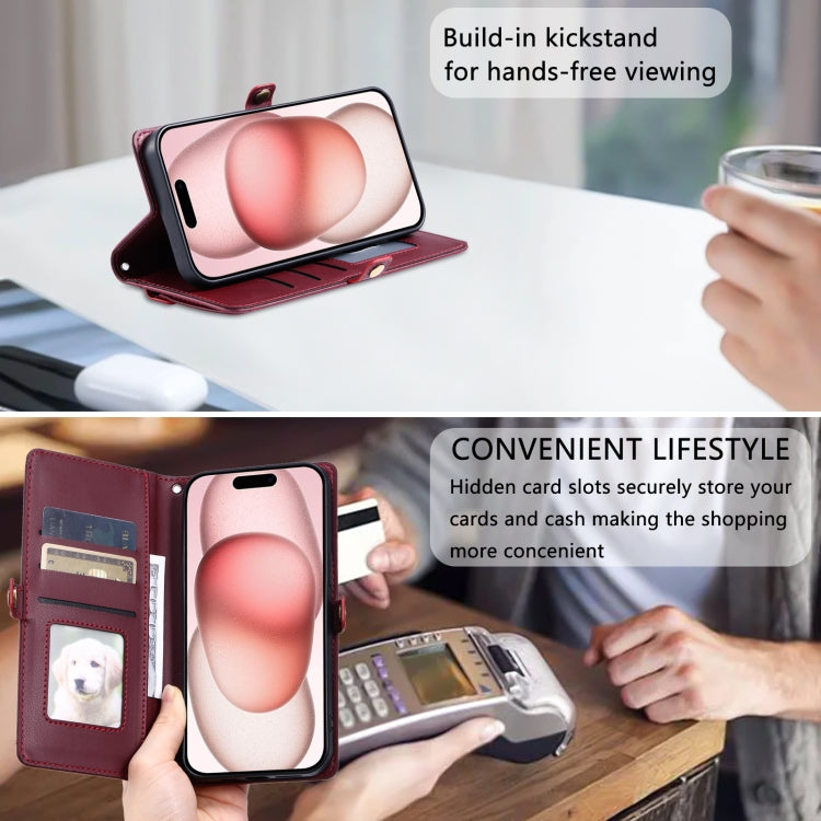 For iPhone 15 Plus Wallet Multi-card Slot Leather Phone Case with Lanyard