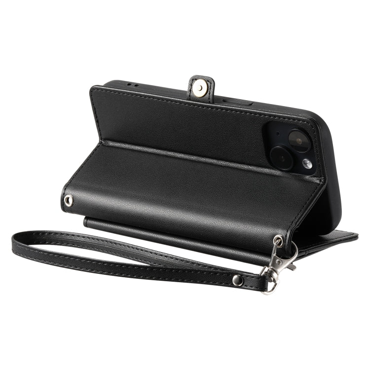 For iPhone 15 Plus Wallet Multi-card Slot Leather Phone Case with Lanyard