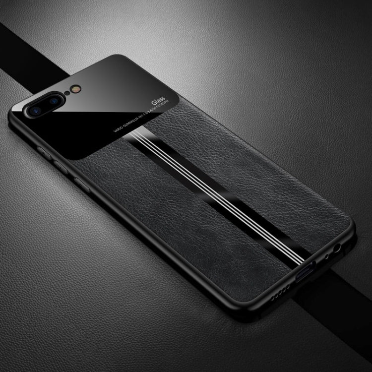 For iPhone 8 Plus / 7 Plus Leather Texture PU + Glass + TPU Shockproof Protective Case