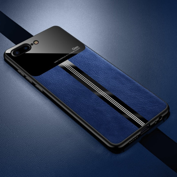 For iPhone 8 Plus / 7 Plus Leather Texture PU + Glass + TPU Shockproof Protective Case