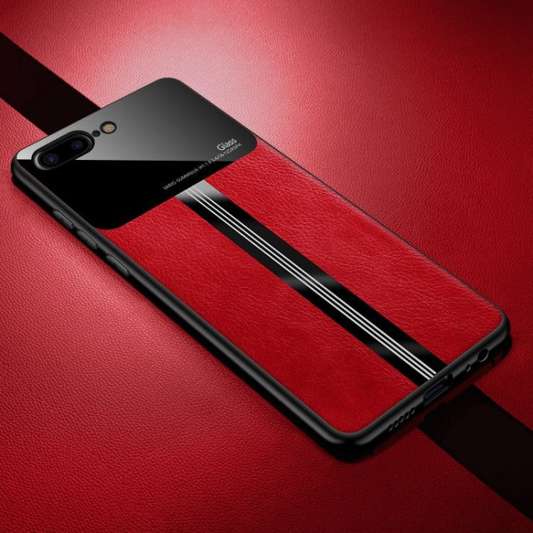 For iPhone 8 Plus / 7 Plus Leather Texture PU + Glass + TPU Shockproof Protective Case